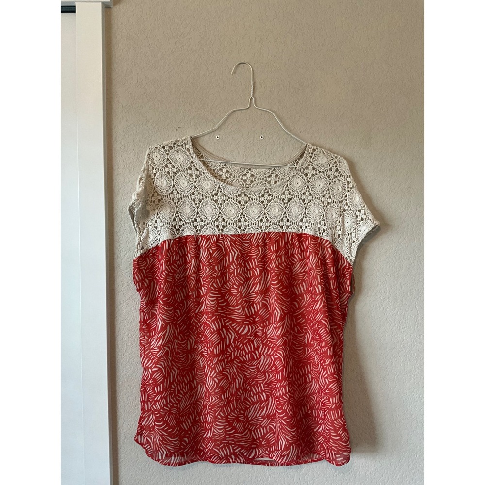 Womens orange White Abstract Print Crochet Lace Yoke Short Sleeve Blouse Size 2X